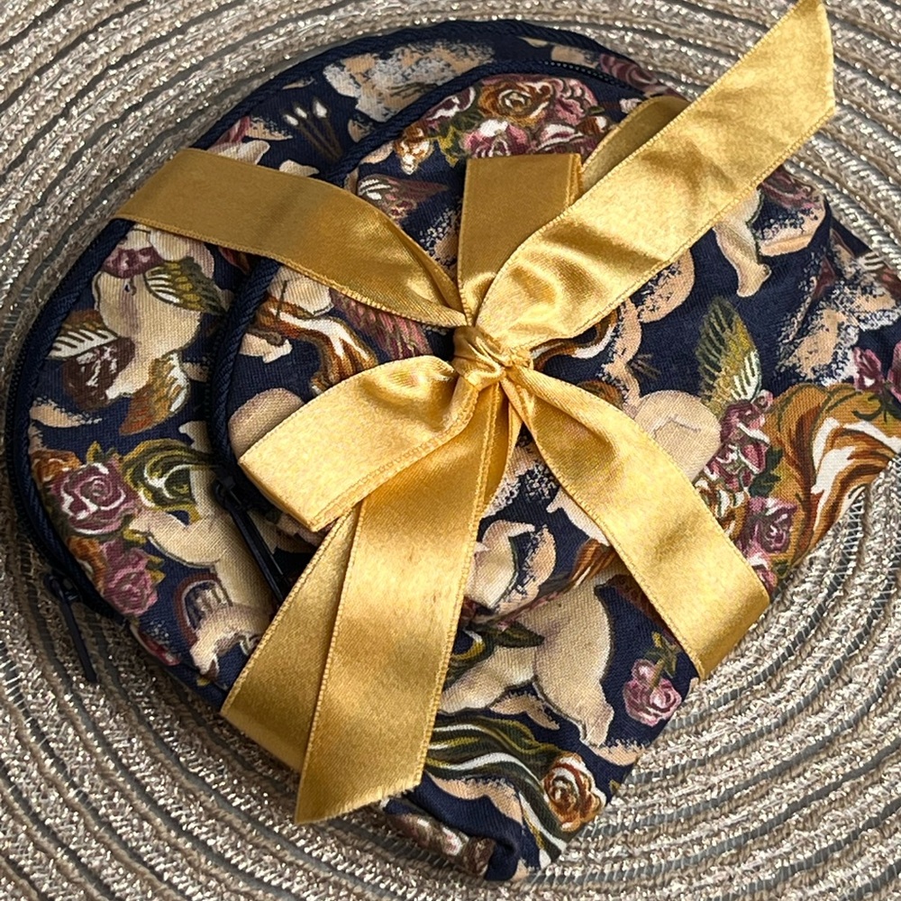 Cherub Angel Navy Floral Gold Ribbon Bags Vintage Inspired Coquette Romantic